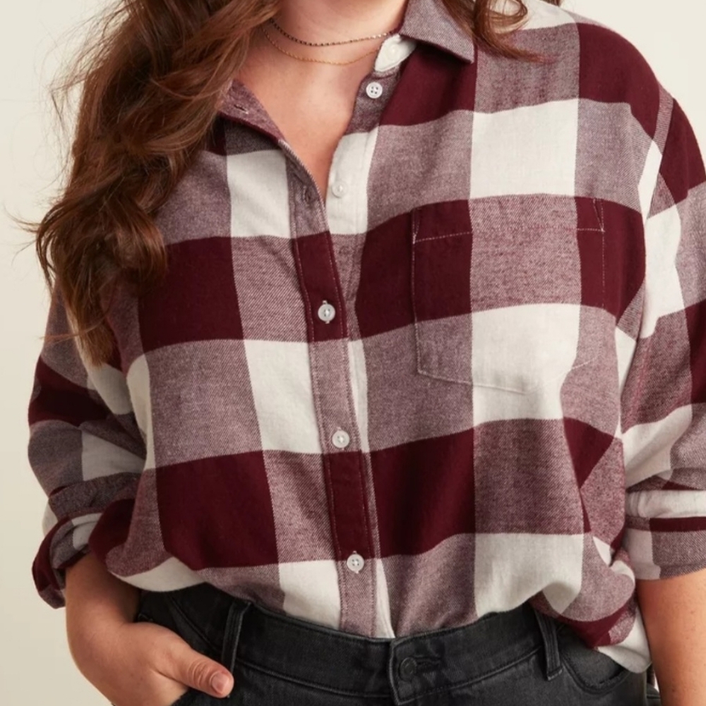 Old Navy Women's Red and White Plaid Button-Down Shirt—Size XS